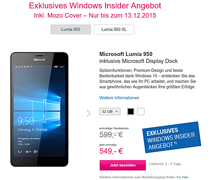 德国的Windows内部人员获得50欧元Lumia 950和950 XL折扣