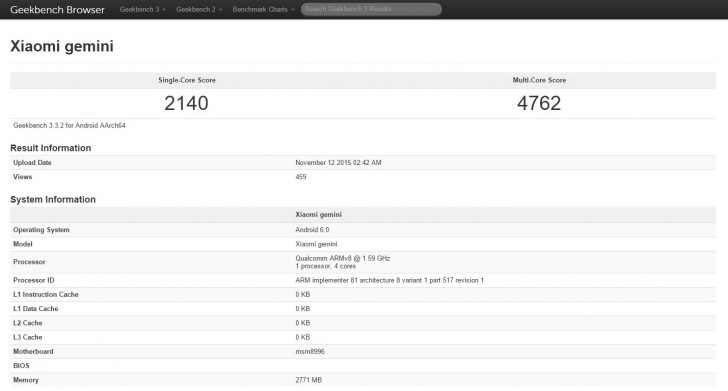 小米双子座（MI 5）出现在GeekBench上，将使用Snapdragon 820