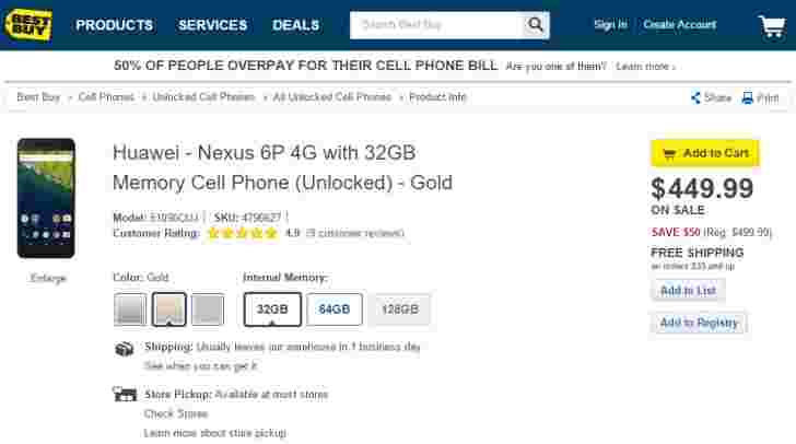 Gold Nexus 6P现在在Bestbuy享受50美元