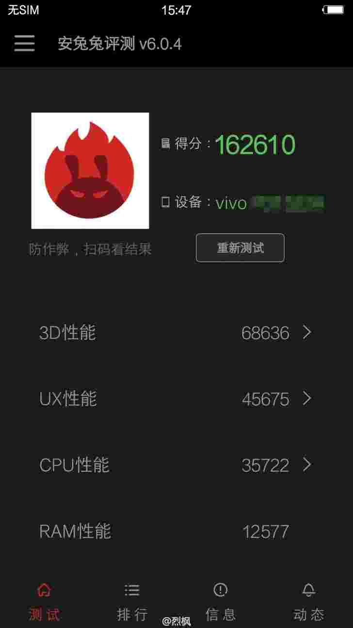 Vivo xplay 5长凳喜欢antutu上的冠军，其中6GB Ram