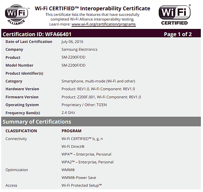 三星Z2获得WiFi认证