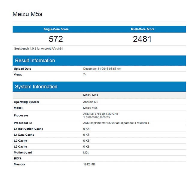 Meizu M5s现在发现了geekbench