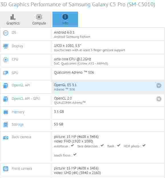 三星Galaxy C5 Pro现在发现了GFXBench