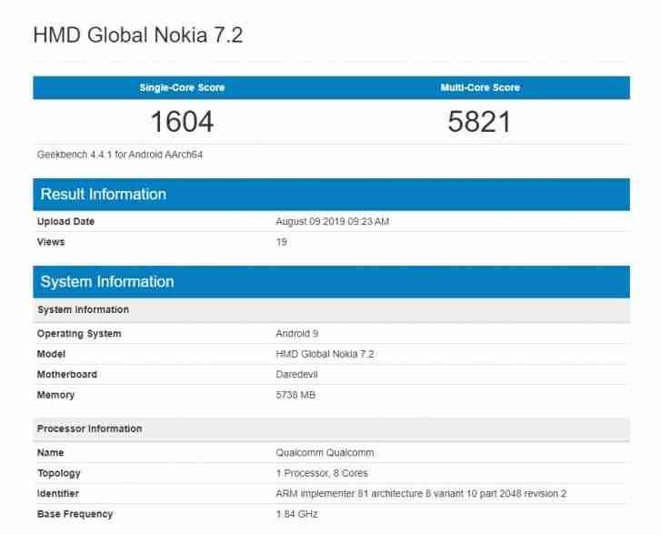 诺基亚7.2通过Geekbench与6GB RAM和Android派