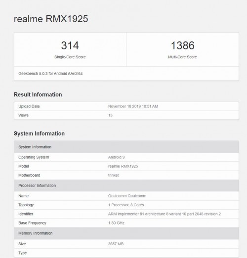 Realme 5s通过Geekbench通过11月20日推出