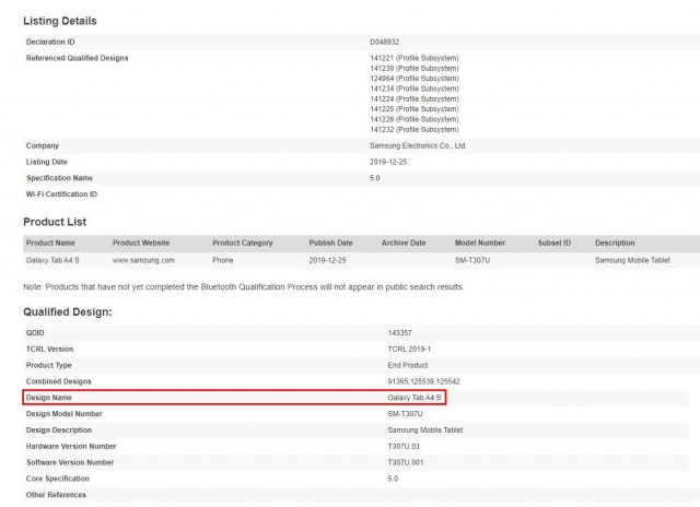 三星即将到来的Galaxy Tab A4 S获得蓝牙认证