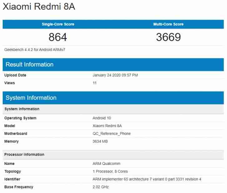 小米redmi 8a在geekbench上发现了Android 10