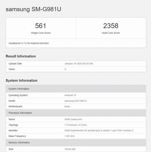 三星Galaxy S20 5G使用12GB RAM和Snapdragon 865访问GeekBench