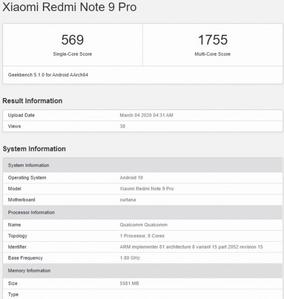 Redmi Note 9 Pro弹出GeekBench