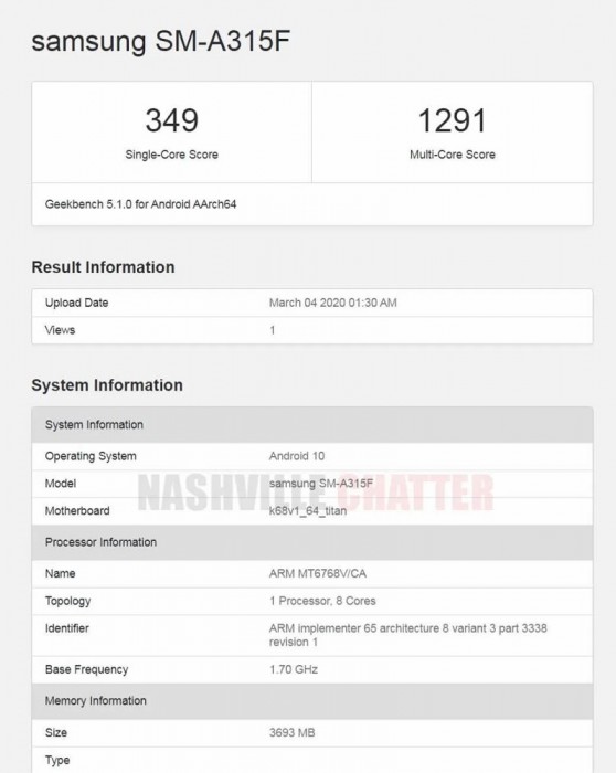 三星Galaxy A31访问GeekBench，展示了主要规格