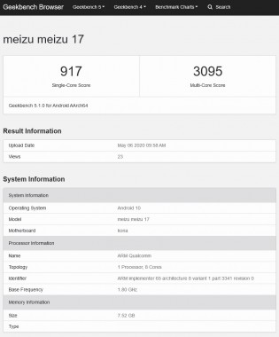 Meizu 17和17 Pro出现在带8GB和12GB RAM的GeekBench上