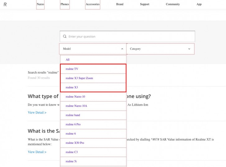 Realme X3，X3超休息室和Realme TV出现在官方支持页面上