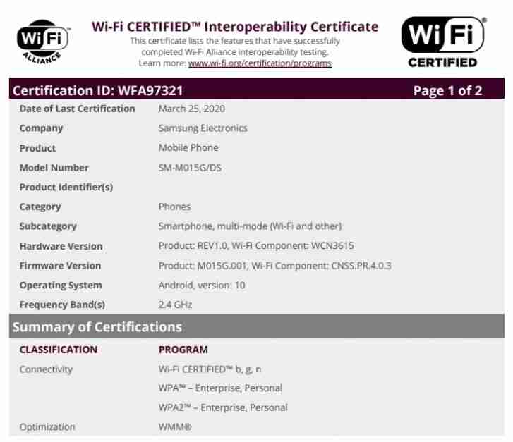 Samsung Galaxy M01与Android 10，由Wi-Fi联盟认证