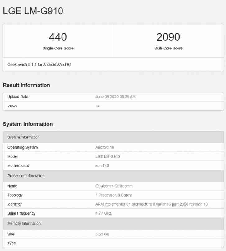 LG天鹅绒的LTE变体出现在带6GB的RAM的GeekBench中