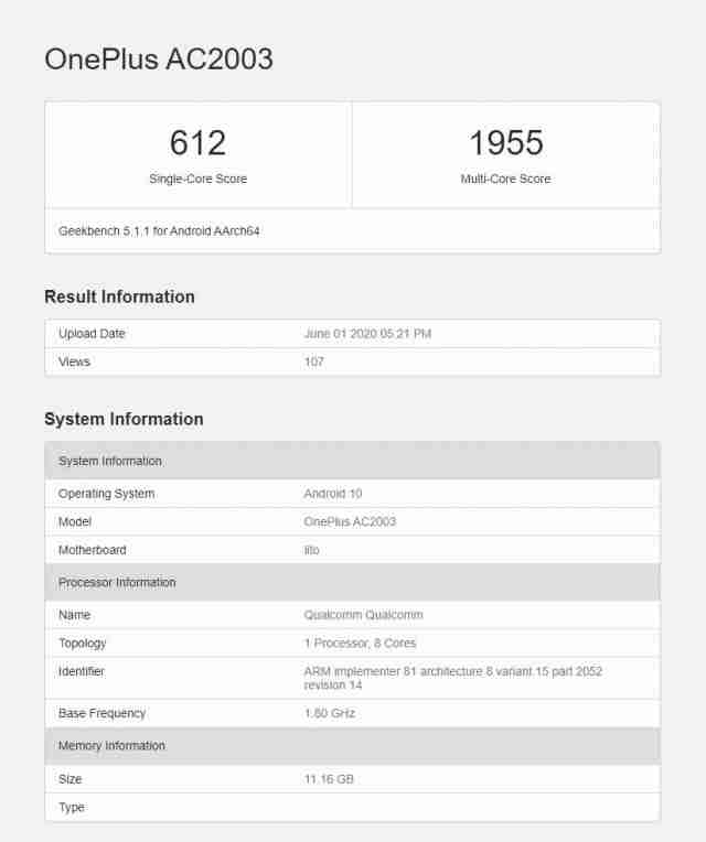 Oneplus Z在GeekBench中发现了Snapdragon 765G