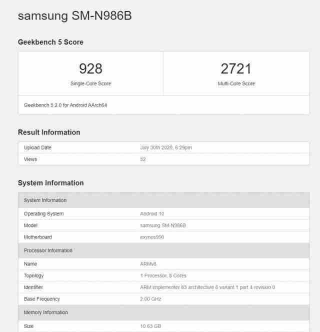 三星Galaxy Note20 Ultra带Exynos芯片组通过Geekbench通行