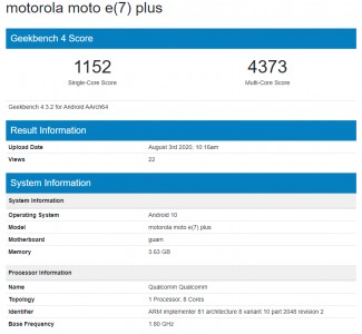 Moto E7 Plus访问GeekBench，包装是Vanilla E7的两倍