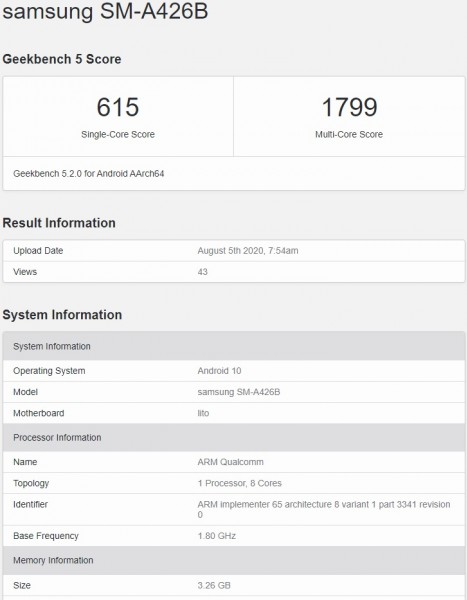 三星Galaxy A42 5G穿过GeekBench