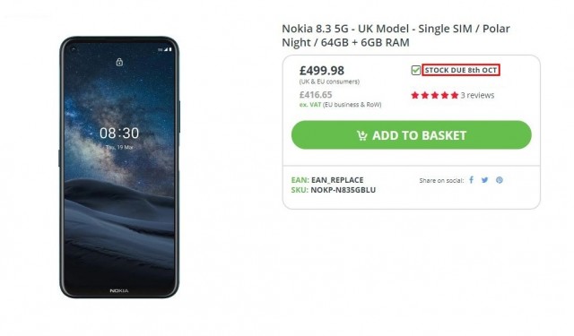诺基亚8.3 5G上市英国零售商，10月8日销售开始