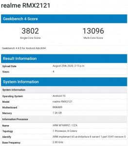 Realme X7 Pro Geekbench Scorecard确认Mediatek Dimenty 1000+芯片组