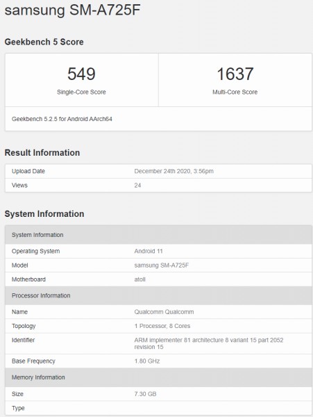 三星Galaxy A72 4G出现在GeekBench上