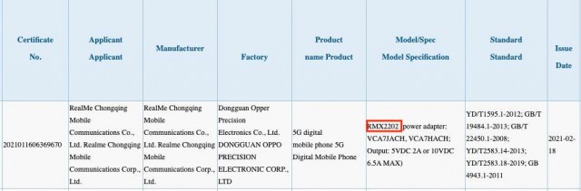 Realme GT 5G出现在3C列表中，65W充电