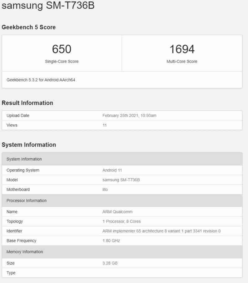 三星Galaxy Tab S7 Lite在Geekbench上带来Snapdragon 750g