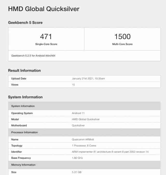 诺基亚电话代码为“quiksilver”访问geekbench